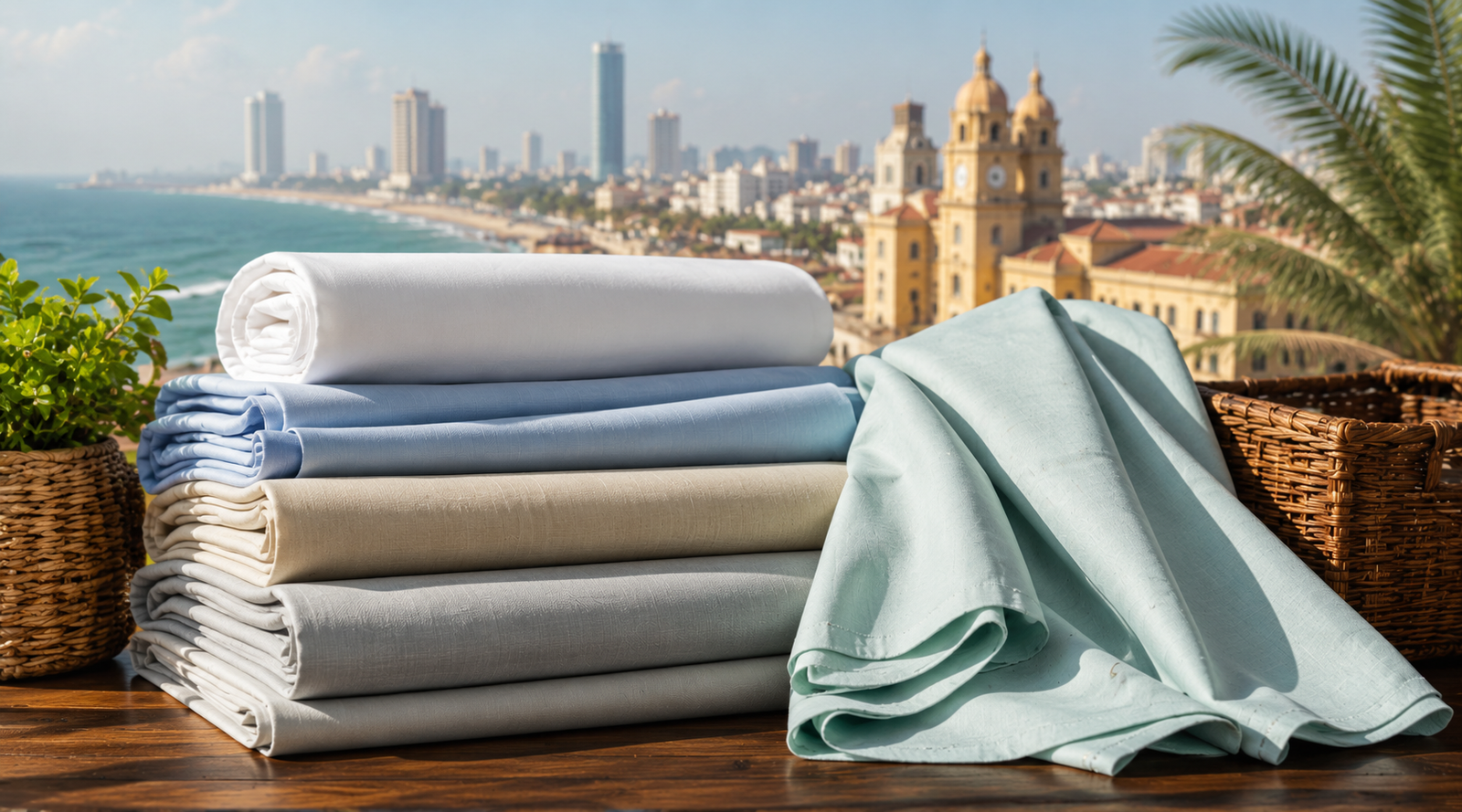 Premium lightweight summer fabrics for men displayed in a Karachi-inspired coastal setting, showcasing breathable textiles ideal for Pakistan's hot weather.