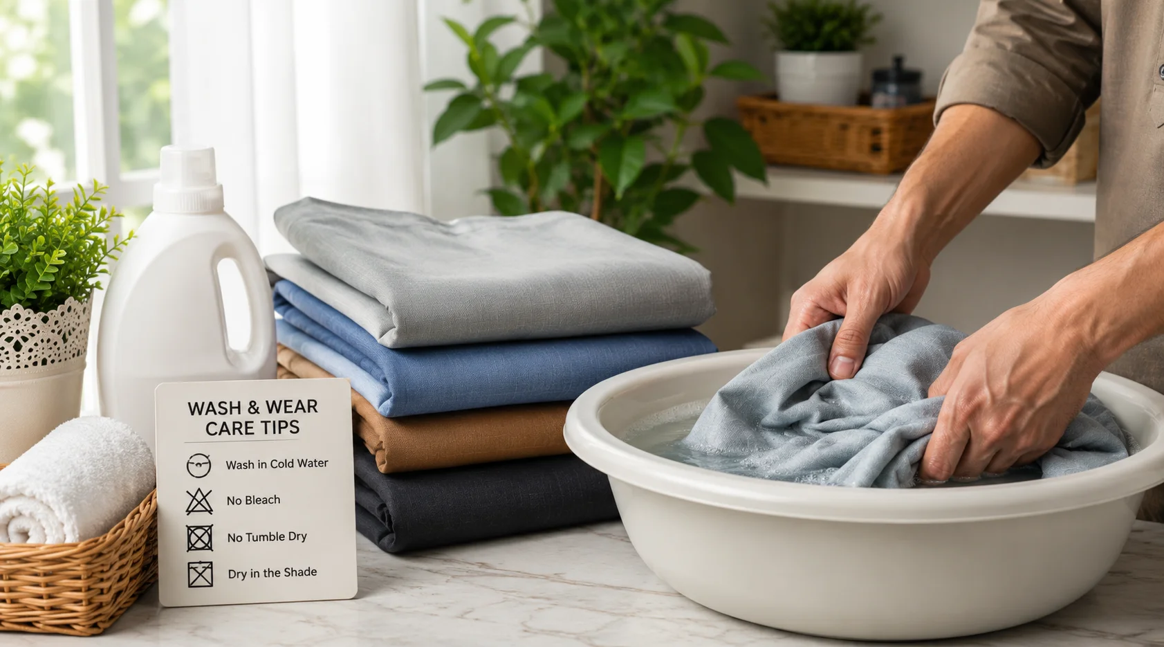 Hands washing premium wash and wear fabric in cold water with neatly folded garments and fabric care essentials, demonstrating proper fabric washing and maintenance.