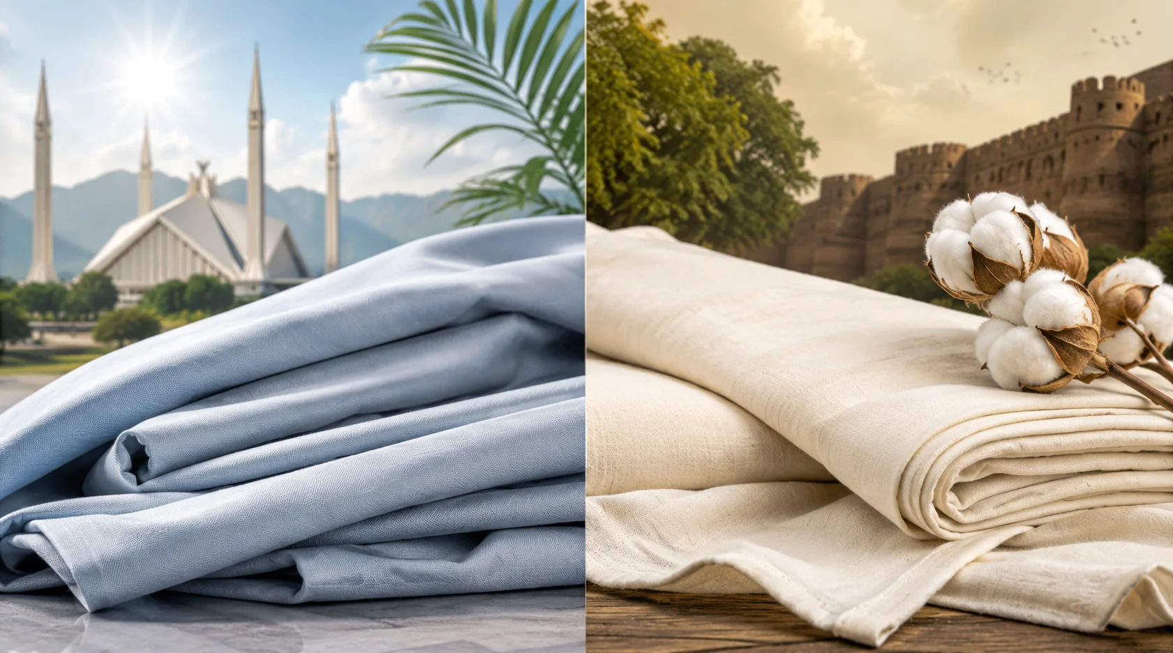 Comparison of wash and wear and cotton fabrics displayed in a Pakistani setting, highlighting breathable textile materials suitable for Pakistan's diverse weather conditions.