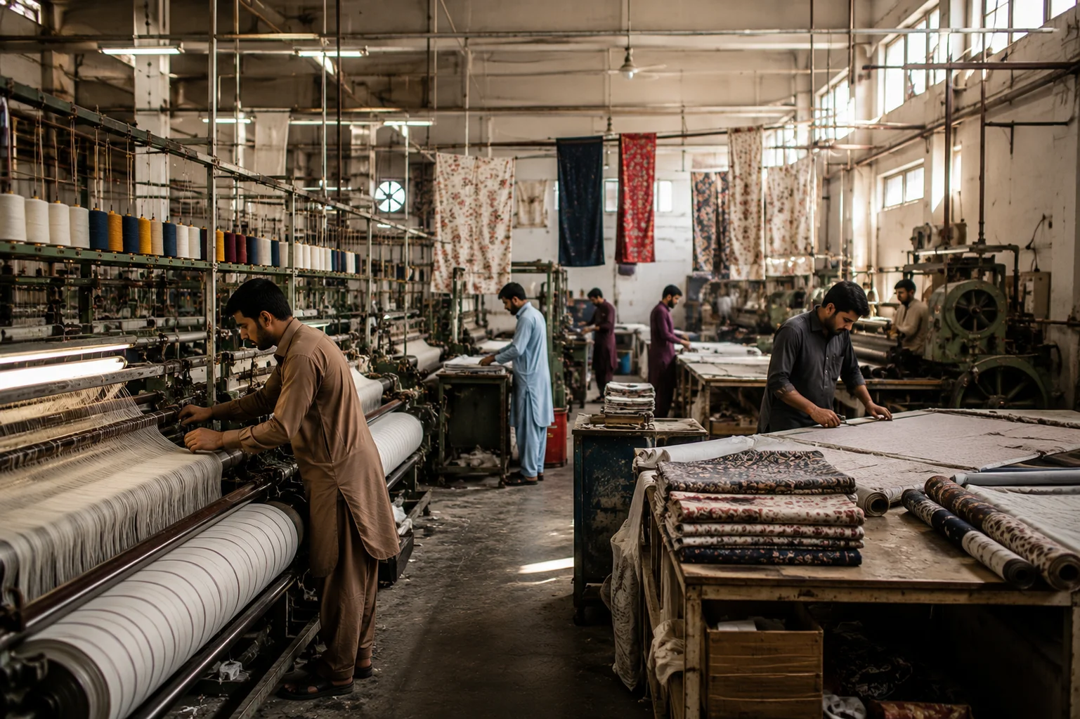 Large textile production factory in Pakistan with experienced workers, weaving machines, fabric processing stations, and premium textile manufacturing operations.