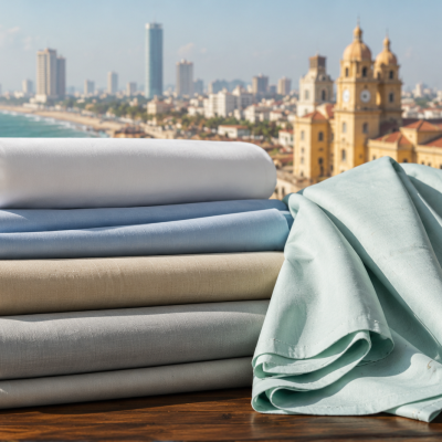 Premium lightweight summer fabrics for men displayed in a Karachi-inspired coastal setting, showcasing breathable textiles ideal for Pakistan's hot weather.