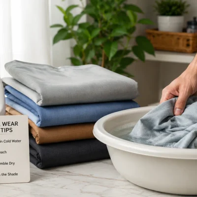 Hands washing premium wash and wear fabric in cold water with neatly folded garments and fabric care essentials, demonstrating proper fabric washing and maintenance.