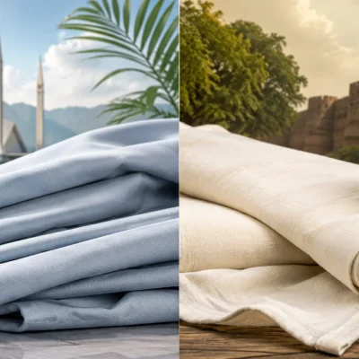 Comparison of wash and wear and cotton fabrics displayed in a Pakistani setting, highlighting breathable textile materials suitable for Pakistan's diverse weather conditions.